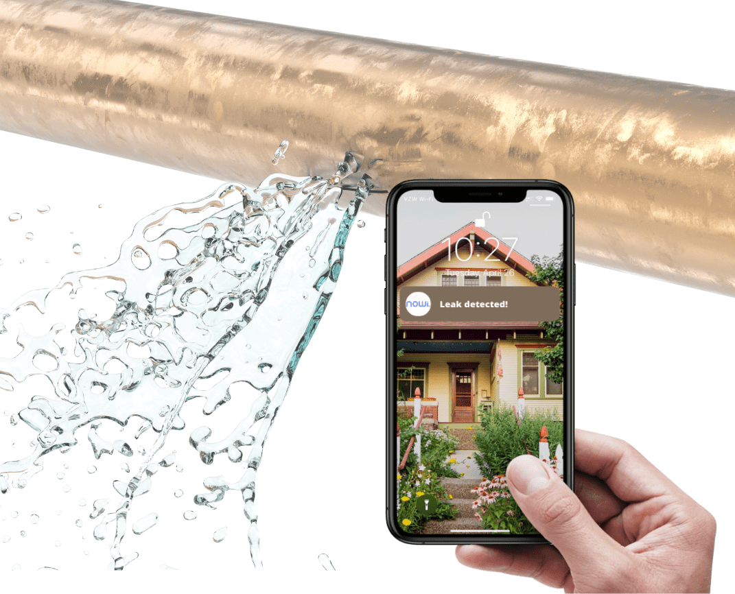 An image of a pipe leak and a NOWi alert notification of the leak detected on a phone.