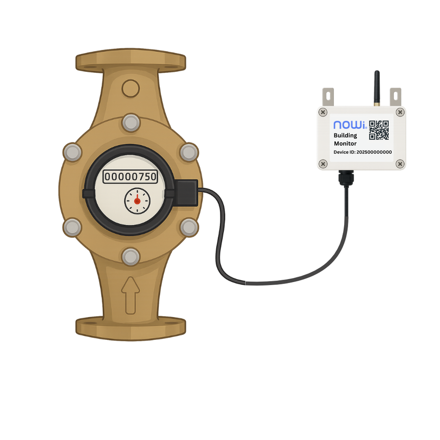 A NOWi Meter Monitor strapped onto a brass water meter, with its cellular box beside it