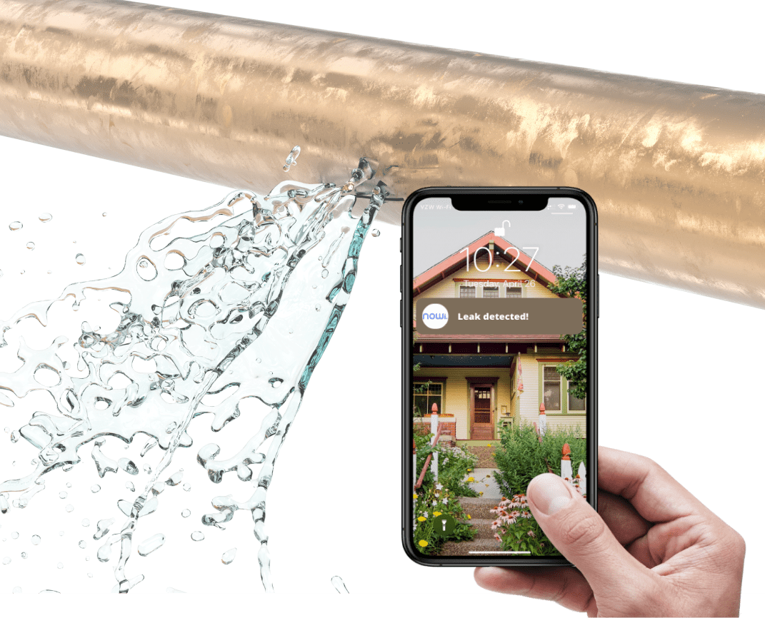 An image of a pipe leak and a NOWi alert notification of the leak detected on a phone. 